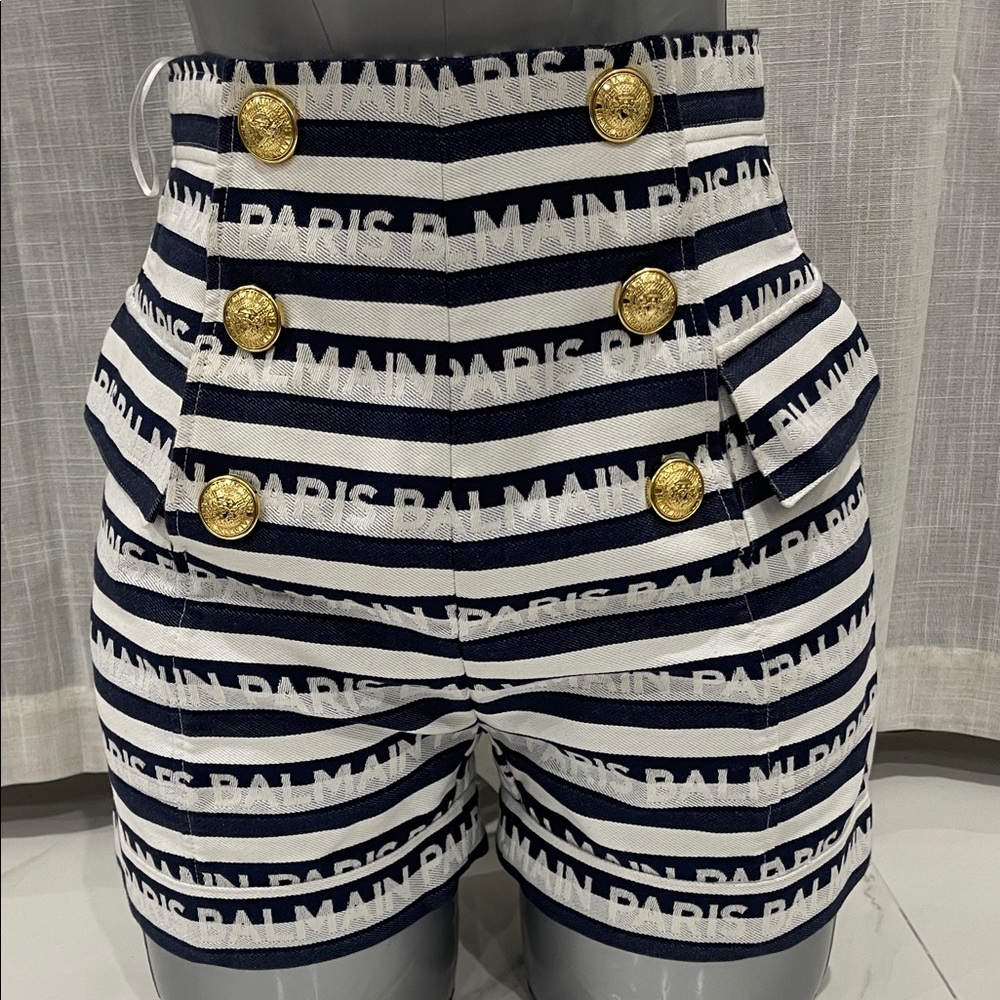 Balmain Navy & White Logo Stripe Denim Shorts with Gold Buttons